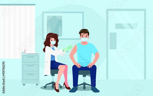 A doctor in a clinic giving a Coronavirus vaccine to a man. Vaccination concept for immunity health. Virus prevention to medical treatment, process of immunization against covid-19 for people.