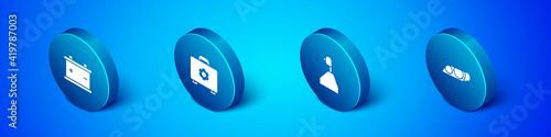 Set Isometric Car battery, Gear shifter, headlight and Toolbox icon. Vector.