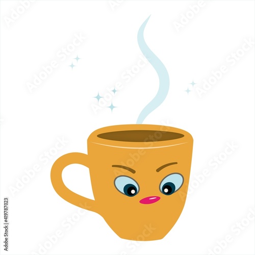 Cartoon yellow cup. A funny character. Coffee, earthenware dishes with an anthropomorphic face. Vector isolated illustration of comic kitchen utensils on white background. Menu design, templates.
