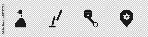 Set Gear shifter, Windscreen wiper, Engine piston and Location with car service icon. Vector.