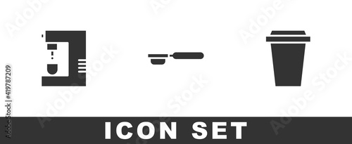 Set Coffee machine, filter holder and cup to go icon. Vector.