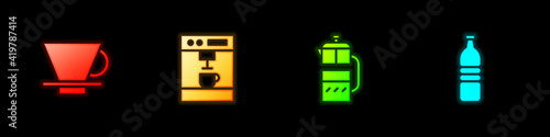 Set V60 coffee maker, Coffee machine, French press and Bottle water icon. Vector.