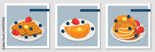 illustration isometric vector of stack of pancake, French croissant, homemade waffle with strawbery blueberry isolated on designed card.