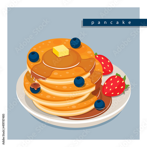 Illustration vector 3d isometric stack of pancakes with butter strawberry and blueberry on white plate isolated 