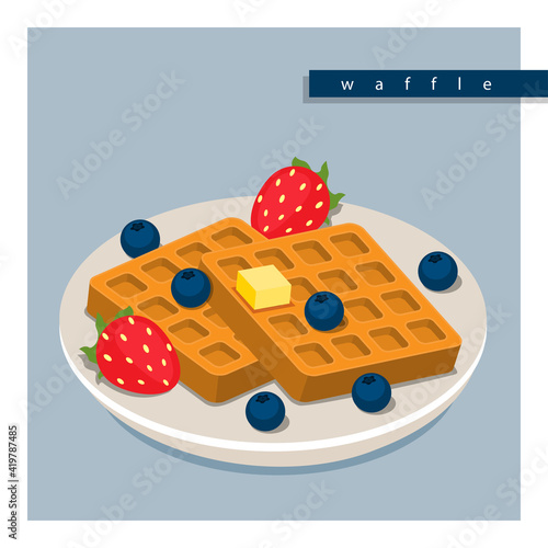 Illustration vector 3d isometric tradition waffle with butter strawberry and blueberry on plate isolated  