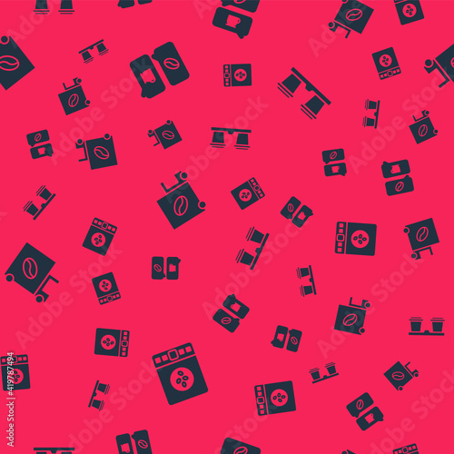 Set Electronic coffee scales, Coffee and conversation, street truck machine and cup to go on seamless pattern. Vector.