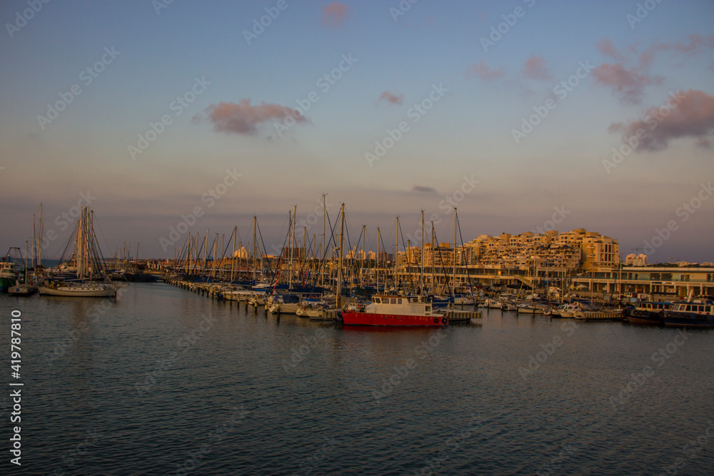 Marina at sunset port of Ashkelon at sunset. Israel.