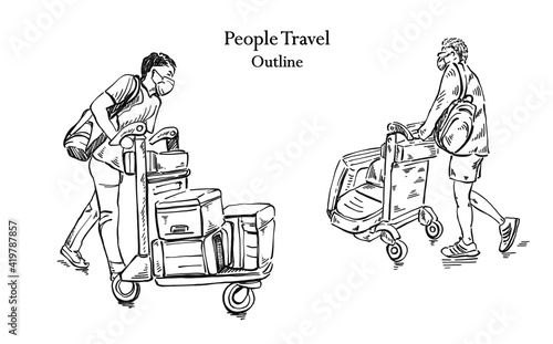 Sketch Men carrying luggage in the airport - Illustration hand drawn, 
Outline eps10.