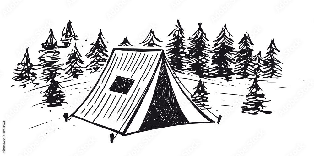 Tent, Forests, Camping in nature, Hand drawn style, vector illustrations