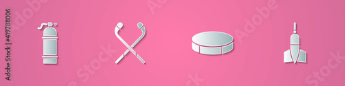 Set paper cut Aqualung, Ice hockey sticks, Hockey puck and Dart arrow icon. Paper art style. Vector.