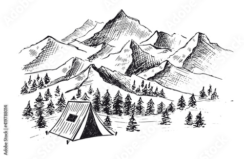 Mountain landscape  Camping in nature  hand drawn illustration 