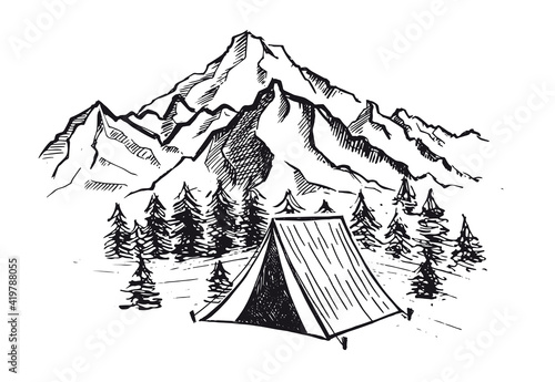 Mountain landscape, Camping in nature, hand drawn illustration	