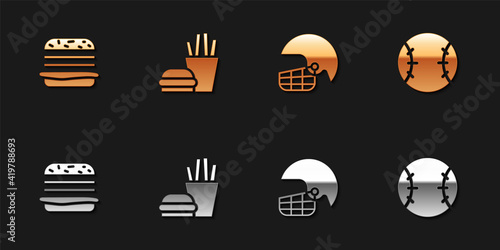 Set Burger, and french fries, American football helmet and Baseball icon. Vector.