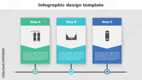 Set Aqualung, Skate park and Skateboard trick. Business infographic template. Vector.