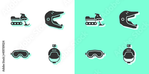 Set Helmet and action camera, Snowmobile, Ski goggles and Motocross motorcycle helmet icon. Vector.