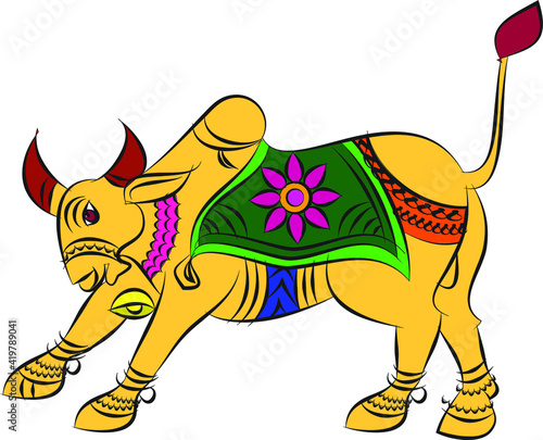Bull, oxen drew in Ganjfa style. Ganjifa is a traditional game of cards that has over a period of time, evolved into an art form. folk art from Maharashtra, India textile printing, logo, wallpaper