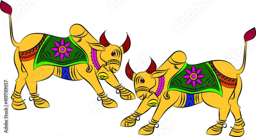 Bull, oxen drew in Ganjfa style. Ganjifa is a traditional game of cards that has over a period of time, evolved into an art form. folk art from Maharashtra, India textile printing, logo, wallpaper