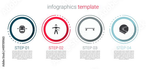 Set Rafting boat, Bungee jumping, Longboard or skateboard and Helmet. Business infographic template. Vector.