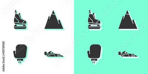 Set Formula 1 racing car, Skates, Boxing glove and Mountains icon. Vector.