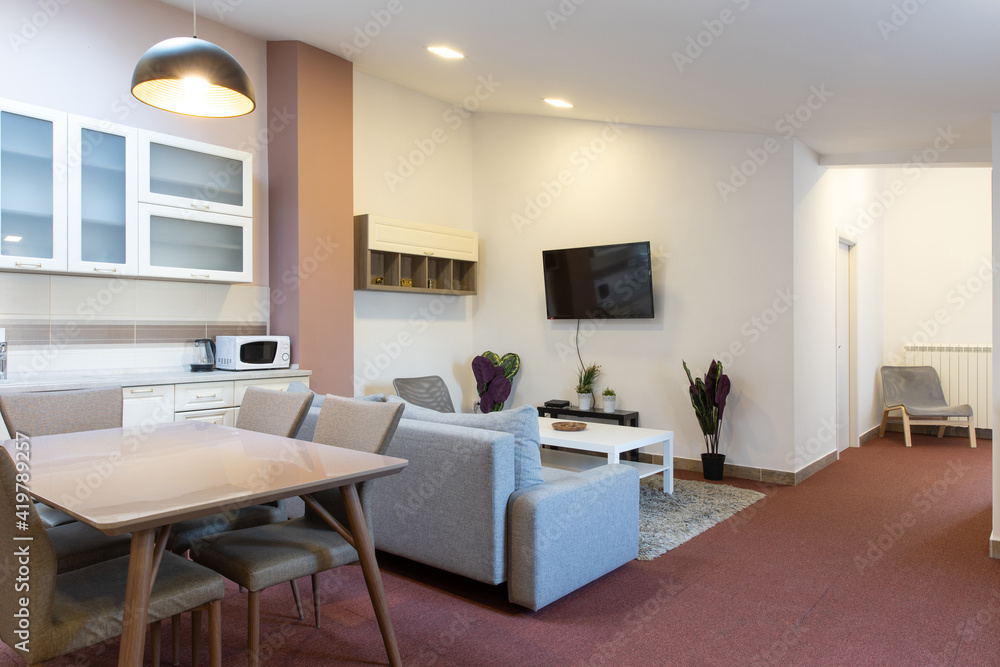 Fototapeta premium Kitchen and living room, apartment interior