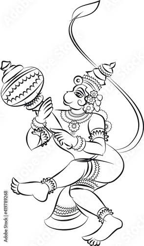 Monkeyface god of power, lord Hanuman and his servants or Sevak as they are called. in Indian folk art Pinguli style. for textile printing, logo, wallpaper
