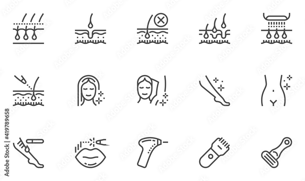 Hair Removal Vector Line Icons. Laser Epilation and Cosmetology. Smooth