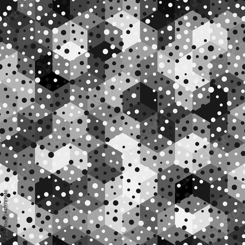 Seamless texture gray hex grid with dots. Vector Illustration.