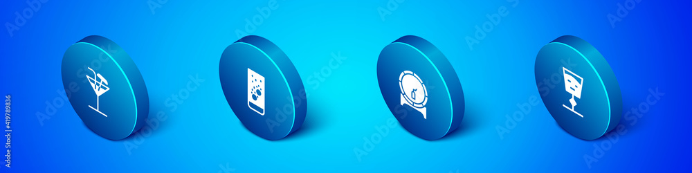 Set Isometric Cocktail, Wooden barrel on rack, Wine glass and Effervescent tablets water icon. Vector. Set Isometric Cocktail, Wooden barrel on rack, Wine glass and Effervescent tablets water icon. Vector.