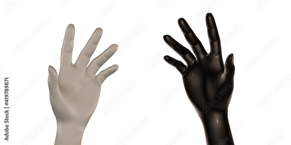 White and black hands White background 3d illustration White and black hands White background 3d illustration