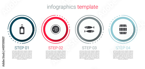 Set Whiskey bottle, Alcohol 18 plus, Dried fish and Wooden barrel. Business infographic template. Vector.