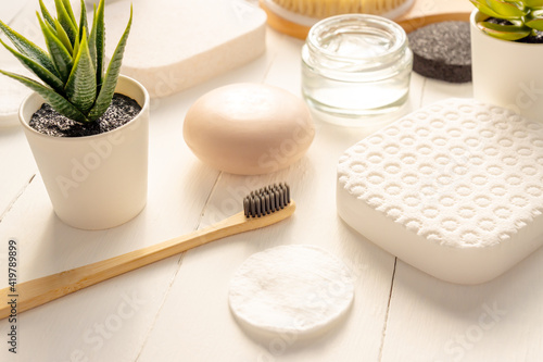 Zen and relax concept. Spa composition with treatment products on light background