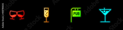 Set Glass of cognac or brandy, champagne, Street signboard with Pub and Martini glass icon. Vector.