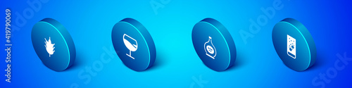 Set Isometric Hop, Bottle of cognac or brandy, Effervescent tablets in water and Wine glass icon. Vector.