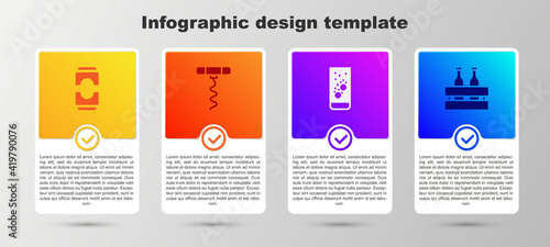 Set Beer can, Wine corkscrew, Effervescent tablets water and Pack of beer bottles. Business infographic template. Vector.