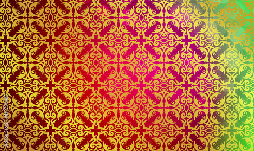 Hintergrund Vorlage Template Muster Struktur floral Ornament in Gold glänzend auf rot grün irisierend Mitte hell Schönheit Tapete barock rokkoko Jugendstil victorianisch Karo Raute edel Stoff