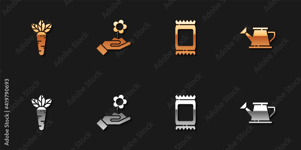 Set Carrot, Hand holding flower, Fertilizer bag and Watering can icon. Vector. Set Carrot, Hand holding flower, Fertilizer bag and Watering can icon. Vector.