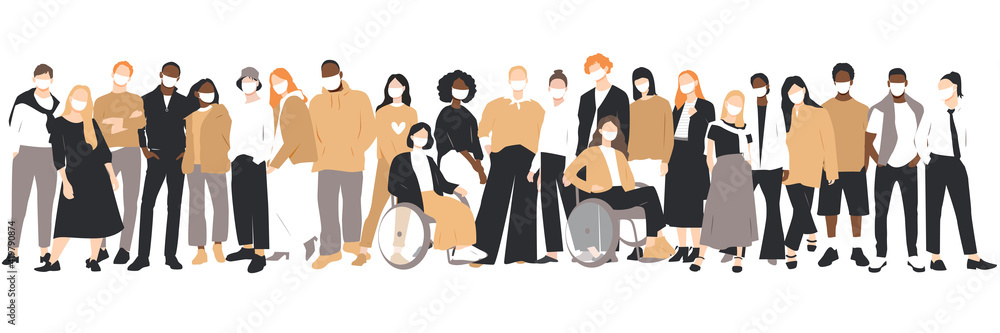People of different ethnicities stand side by side together. People in white medical face masks. Flat vector illustration. People of different ethnicities stand side by side together. People in white medical face masks. Flat vector illustration.