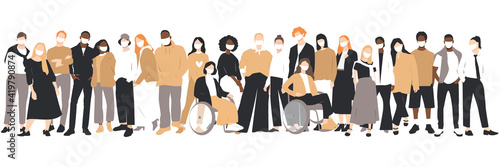 People of different ethnicities stand side by side together. People in white medical face masks. Flat vector illustration.	