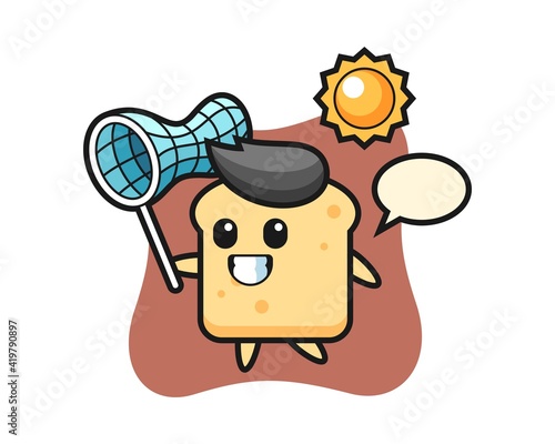 Bread mascot illustration is catching butterfly