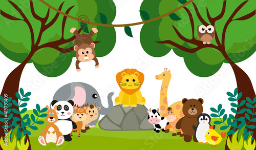 Vector Cute Jungle Animals in Cartoon Style, wild Animal, Zoo Designs for Background, Baby Clothes. Hand Drawn Characters © denayune