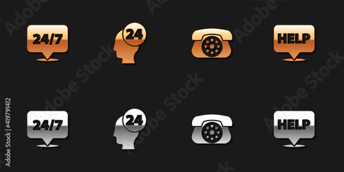 Set Clock 24 hours, Support operator in touch, Telephone and Speech bubble with text Help icon. Vector.