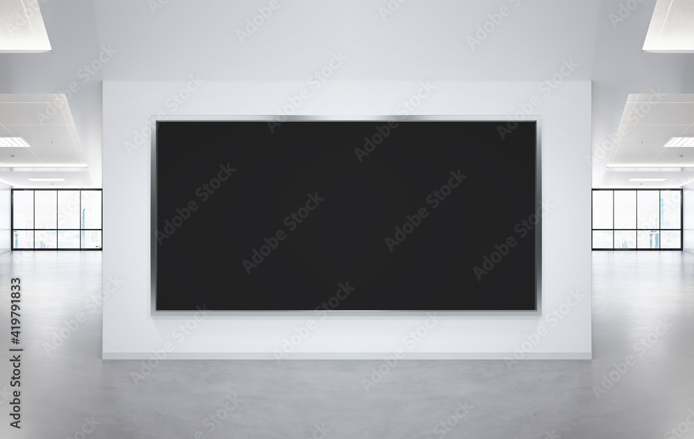 Panoramic frame Mockup hanging on office wall. Mock up of a billboard in modern company interior Panoramic frame Mockup hanging on office wall. Mock up of a billboard in modern company interior