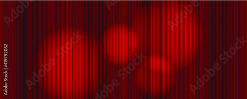 Vector bright colorful red curtain background with  abstract stage lights, colorful graphic backdrop, pefomance concept, glowing illustration.
