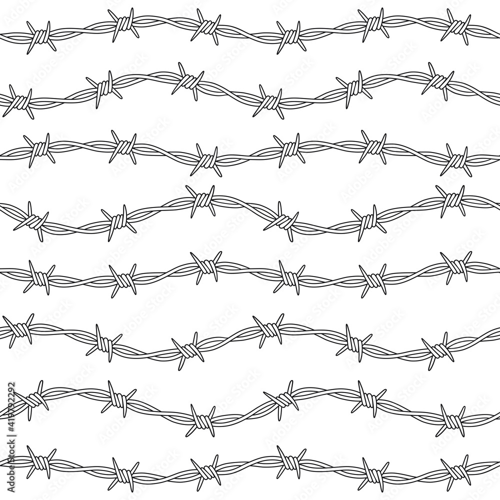 Barbed wire pattern, wavy. A vector seamless pattern with barbed wire. Black and white illustration. Barbed wire pattern, wavy. A vector seamless pattern with barbed wire. Black and white illustration.