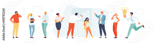 Group of communicating business people. Discussion, problem solving, brainstorming. Vector illustration banner