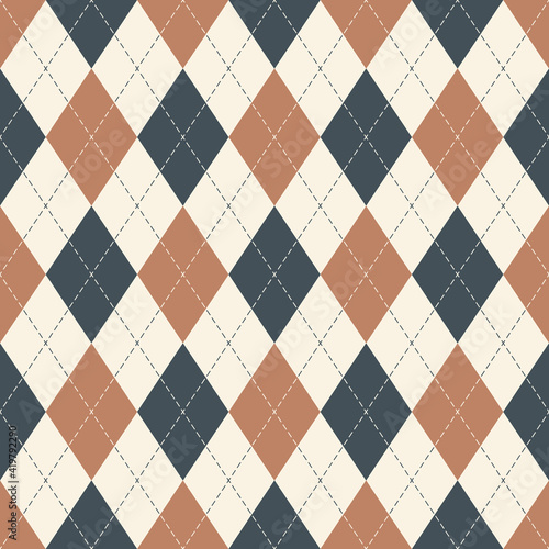 Argyle pattern seamless background in grey, brown, off white. Geometric stitched argyll vector graphic art for gift wrapping paper, socks, sweater, jumper, other modern autumn textile or paper design.