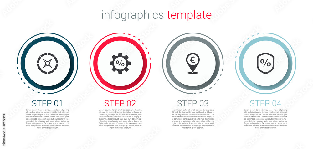 Set Safe, Gear with percent, Cash location and Loan. Business infographic template. Vector. Set Safe, Gear with percent, Cash location and Loan. Business infographic template. Vector.