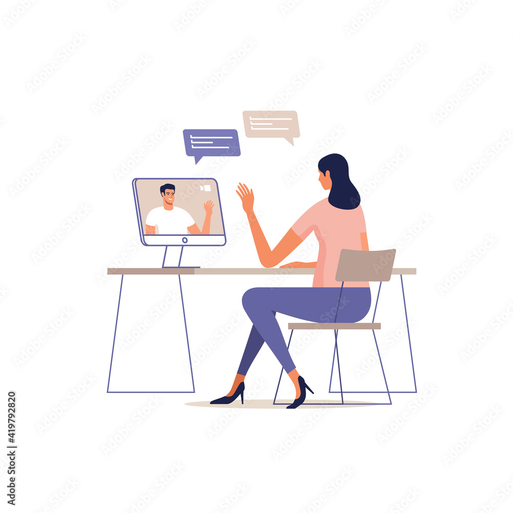 Fototapeta premium Young woman communicate online using a computer. Man on the screen of devices. Remote communication concept of online meeting, dating, call and video. Vector illustration.