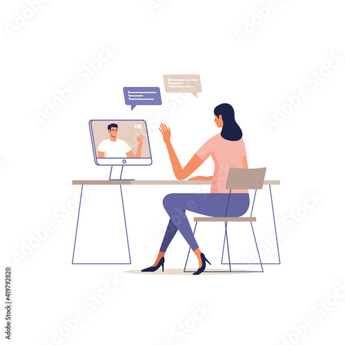 Young woman communicate online using a computer. Man on the screen of devices. Remote communication concept of online meeting, dating, call and video. Vector illustration.
