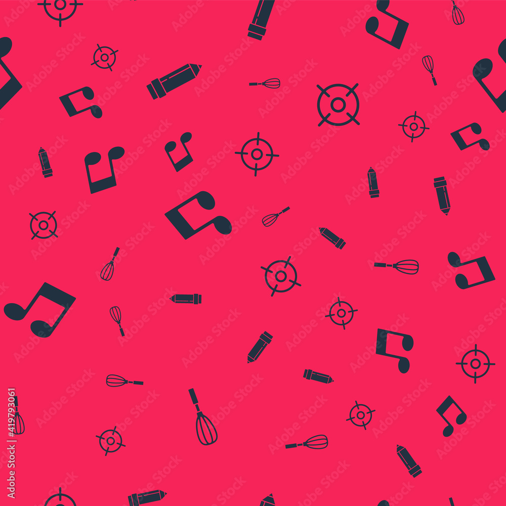 Set Kitchen whisk, Pencil with eraser, Music note, tone and Target sport on seamless pattern. Vector. Set Kitchen whisk, Pencil with eraser, Music note, tone and Target sport on seamless pattern. Vector.